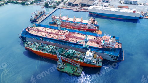 Preview: Oil tanker ship at dry dock concept maintenance service. working at dry dock.