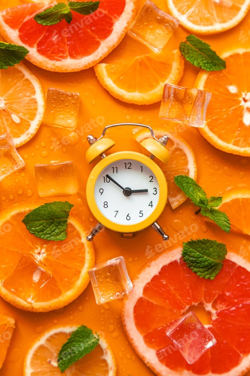 Preview: Clock and citruses summer time concept. Selective focus.