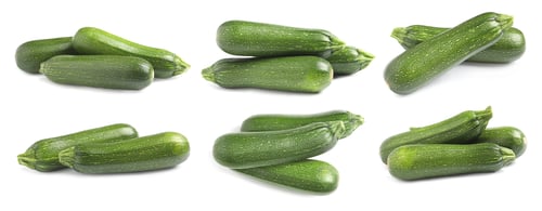 Preview: Set of fresh ripe zucchinis on white background. Banner design