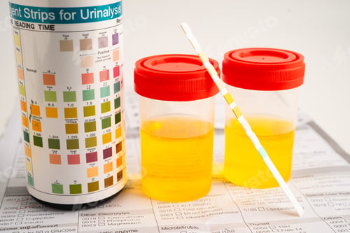 Preview: Urinalysis, urine cup with reagent strip pH paper test and comparison chart in laboratory.