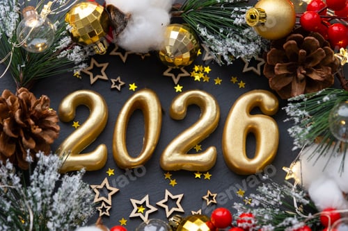 Visualização: As figuras douradas (20-26) feitas de velas em um fundo de ardósia de pedra preta são decoradas com um festi.