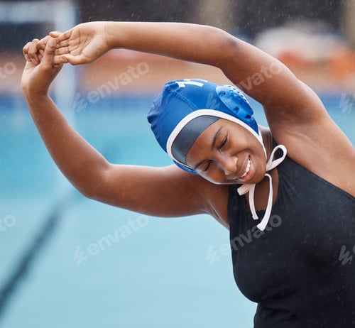 Preview: Stretching, sports or happy black woman by swimming pool for practice, workout or body fitness in w