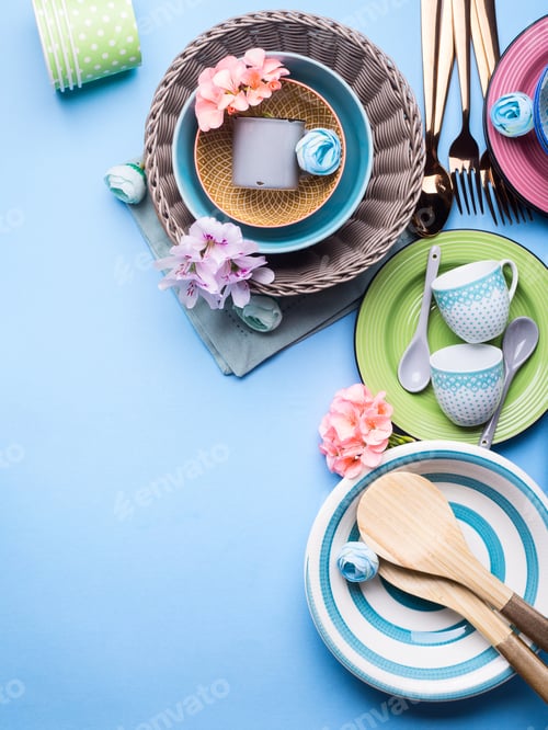 Preview: Tableware dish set on blue pastel background