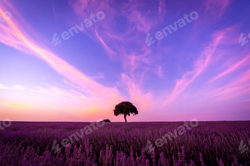 Preview: Silhouette of a tree at sunset in a lavender field, natural landscape, Brihuega. Guadalajara
