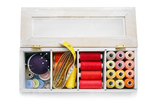 Preview: Container with set of color sewing threads on white background