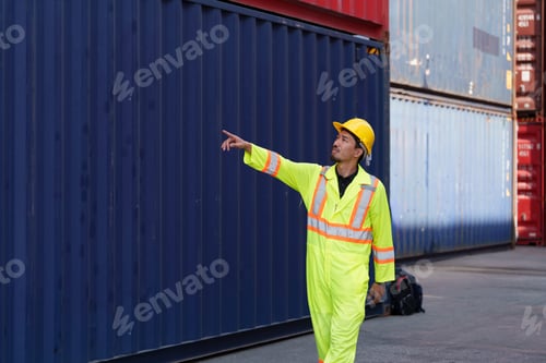 Preview: Worker in safety gear directs operations at shipping container yard during daylight hours