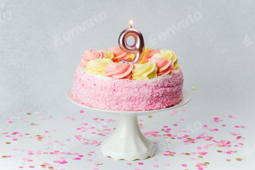 Preview: Birthday cake with pink frosting and a number nine candle