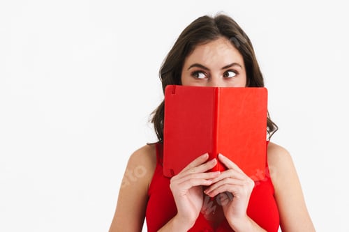 Preview: Happy beautiful girl wearing red dress posing with planner