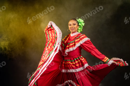 Preview: A woman in a red dress is dancing with a fan
