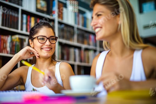 Preview: Group of happy college students studying in the school library. Education people university concept