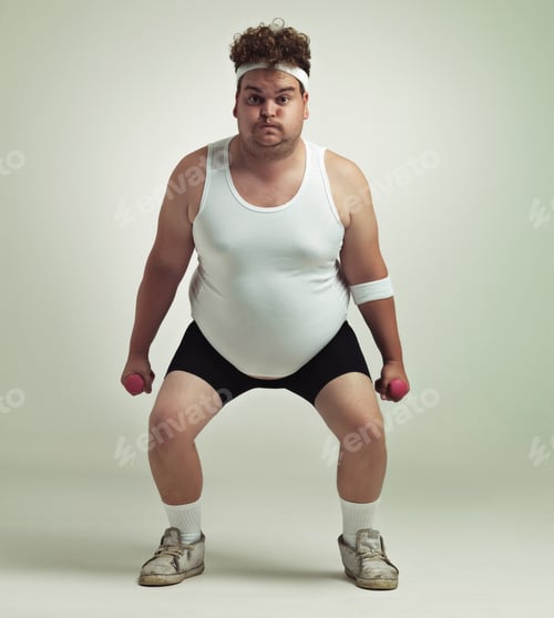 Preview: Deep squat. Portrait of an overweight man squatting and lifting dumbbells.