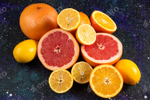 Preview: Pile of citrus fruits, half cut or whole on space background