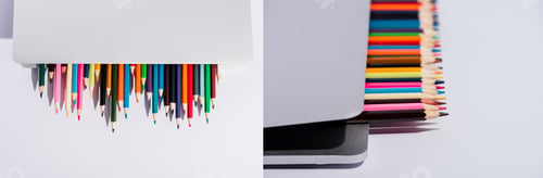 Preview: Collage of Colored Pencils in Modern Laptop on White Background, Panoramic Shot