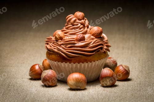 Preview: Closeup muffin with chocolate cream and hazelnuts