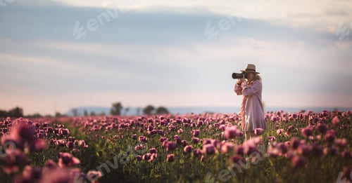Preview: Beautiful blond-hair woman in hat takes photos in the Lilac Poppy Flowers field