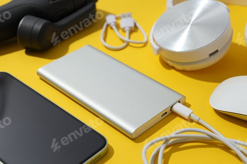 Preview: Powerbank, smartphone and cords on yellow background, flat lay