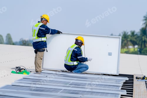 Preview: workers installing solar panels, for efficient energy on rooftop