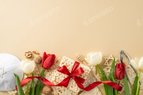 Preview: Classy Passover motif, top-view snapshot. Includes matzah in ribbon, walnuts, honey utensil