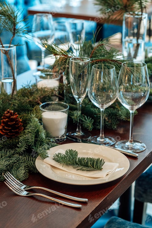 Preview: Christmas or New Year party table in a restaurant or cafe