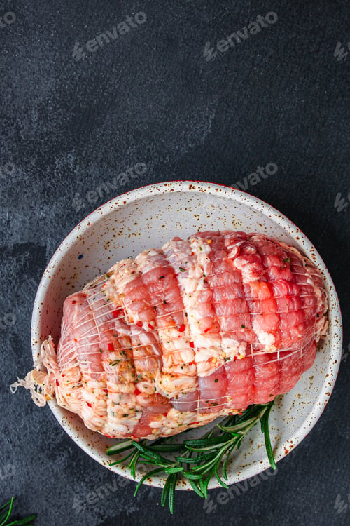 Preview: Meat Pork In Roasting Net (Tasty And Healthy Raw Meat Food) Menu Keto Or Paleo Concept. Background