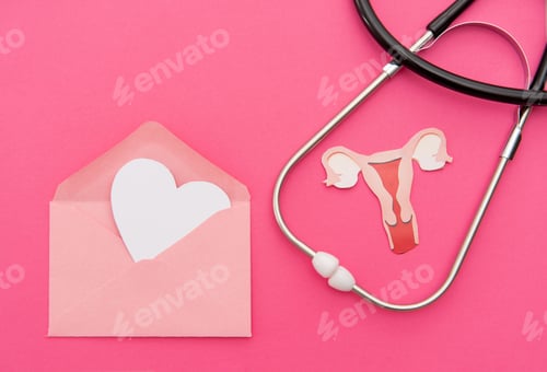 Preview: Stethoscope with uterus cutout and heart in envelope on pink background, women's health