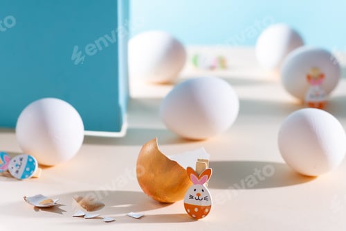 Preview: Broken golden egg with easter bunny on blue background