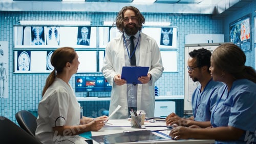Preview: Expert physician discuss healthcare records with colleagues in a meeting