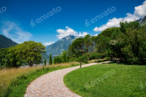 Preview: Scenic pathway winds through a lush meadow, offering a stunning view of the majestic mountains.