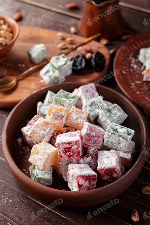 Preview: Turkish delight on a wooden table.