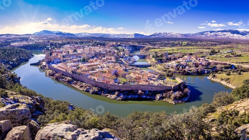 Preview: High angle view of a beautiful municipality and town located in Madrid called Buitrago de Lozoya