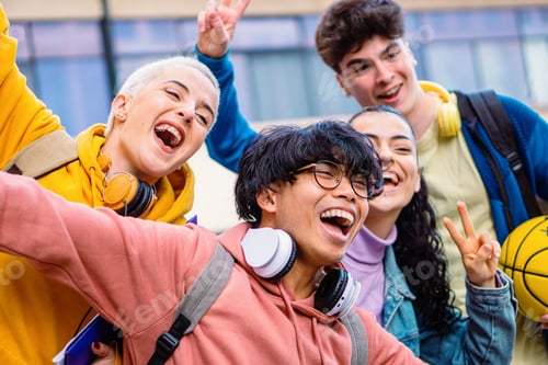 Preview: Group of multiethnic young friends having fun and smiling. Four diverse teen students enjoying the