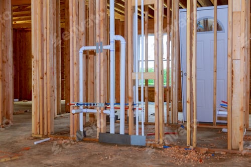 Preview: Wood framing work in progress with wood framing walls and ceiling or floor joist on a new