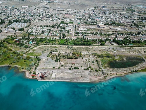 Preview: Aerial view of abandoned port with rusted quay cranes