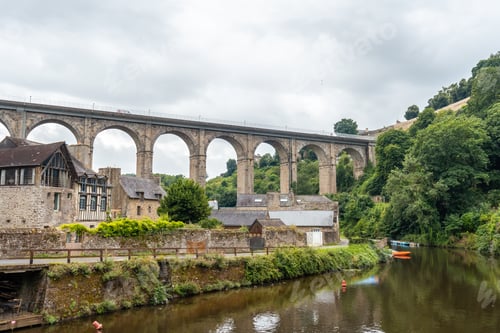 Preview: Houses and boats on the Rance river in Dinan medieval village in French Brittany