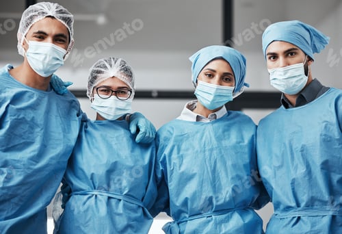 Preview: Support, portrait and doctors with face mask for surgery, healthcare and work in theater. Together,