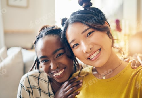 Preview: Happy, friends and selfie with women and hug on sofa for social media, relax and diversity. Smile,