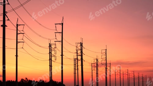 Preview: Silhouette two rows of electric poles with cable lines against colorful sunset sky background