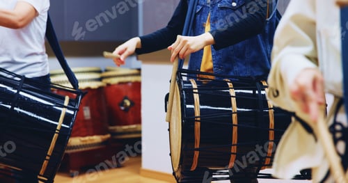 Preview: Japanese, drums and hands of people in culture for music on instrument for stage practice or creati