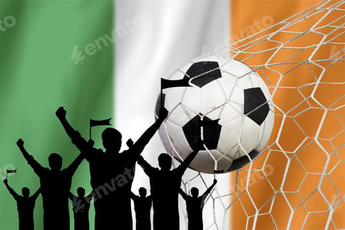 Preview: Silhouettes Of Soccer Fans With Flag Of Ireland .Cheer Concept