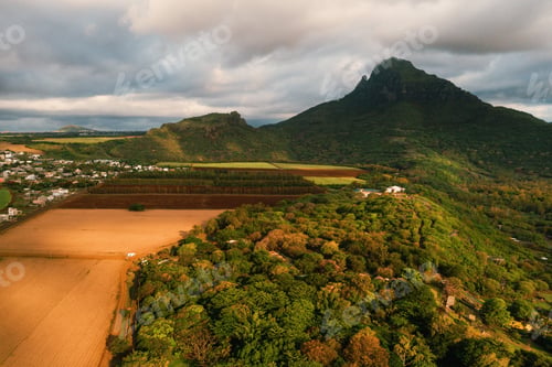 Preview: Bird's eye view of beautiful fields Islands of Mauritius and mountains