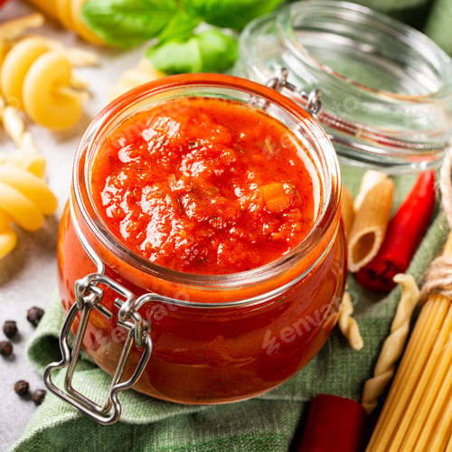 Preview: Glass jar with homemade classic spicy tomato pasta or pizza sauce.