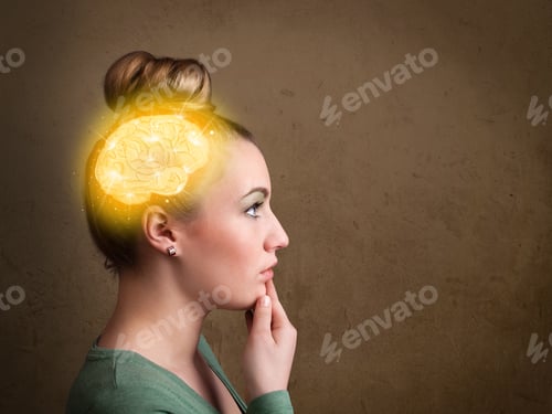 Preview: Young Girl Thinking With Glowing Brain Illustration On Grungy Background