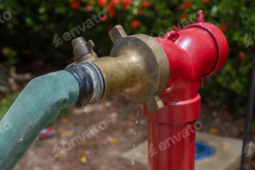 Preview: Red hydrant with hose plugs in case of emergency on a sidewalk.