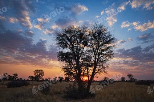 Vorschau: Sonnenuntergang am Horizont, leichte Wolken und die Umrisse von Bäumen.