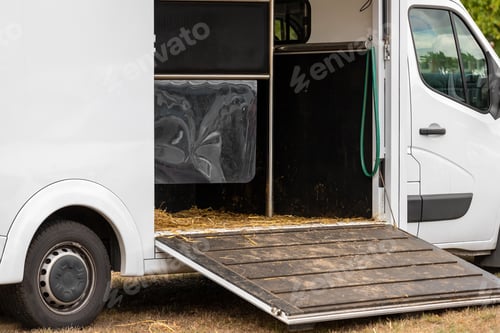 Preview: Horse box cargo trailer transport with open tailgate with hay and manure and horse transportation