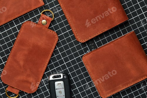 Preview: Set of handmade leather goods, key holder rings, wallet, purse, notepad, handbook. Handcrafted