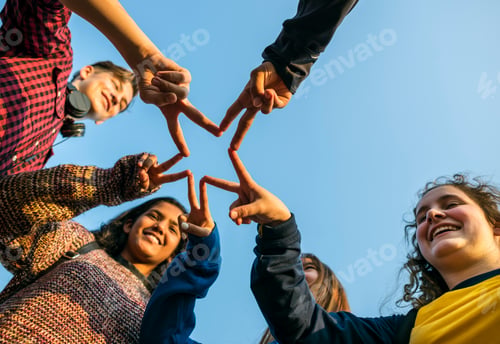 Preview: Group of friends using fingers to form the star shape teamwork and support concept