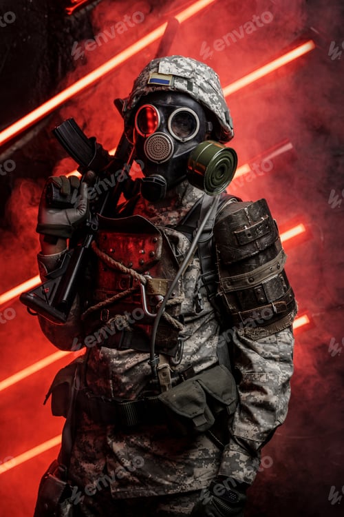 Preview: Apocalyptic soldier with rifle against red background with neon