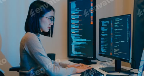 Preview: Young Asia female freelance eyeglasses typing write prompt AI bot IT app smart program nomad.