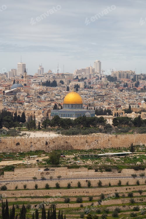 Preview: Aerial view of the Old City, Tomb of the Prophets and Dome of the Rock